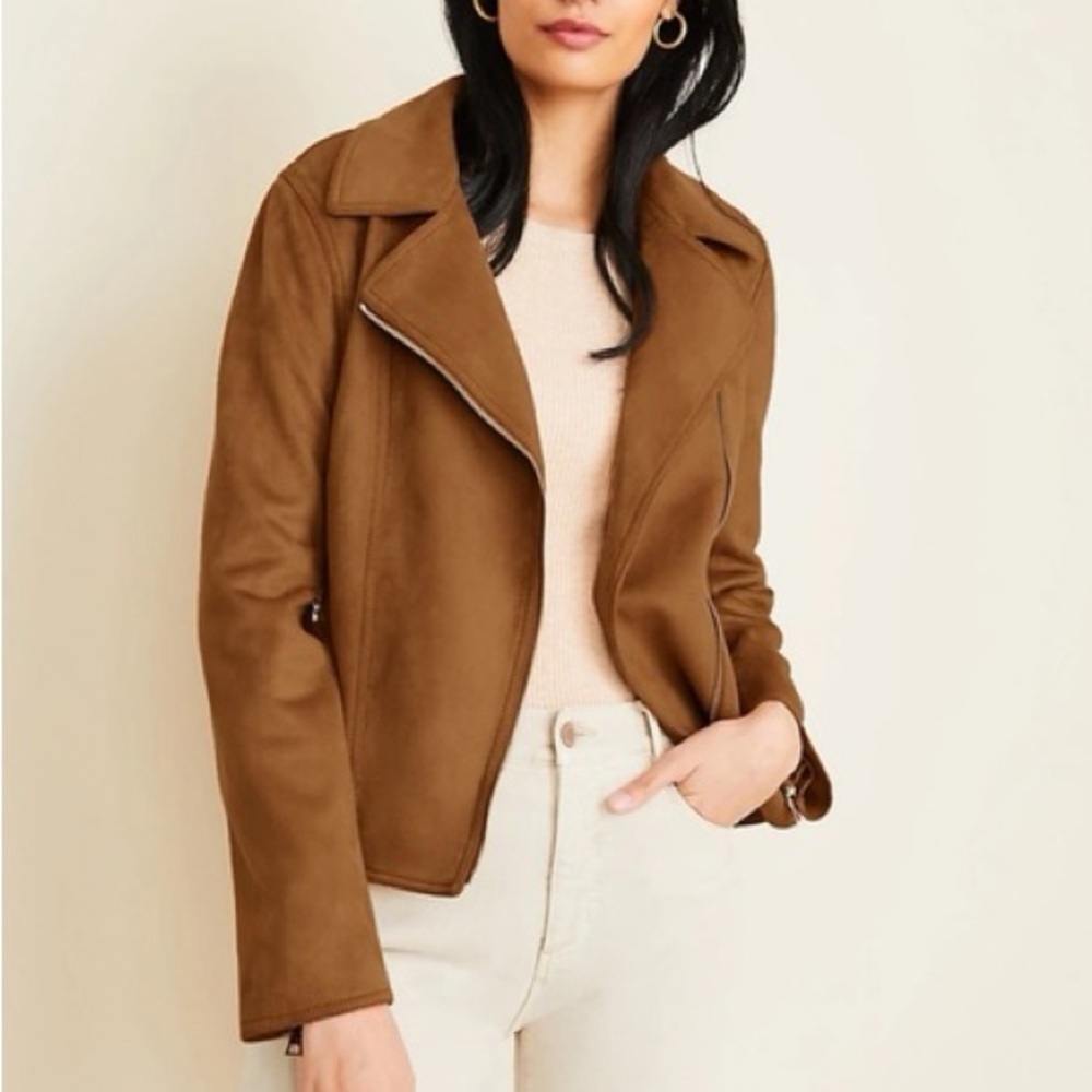 Ann Taylor Brown Faux Suede Moto Jacket Size Small